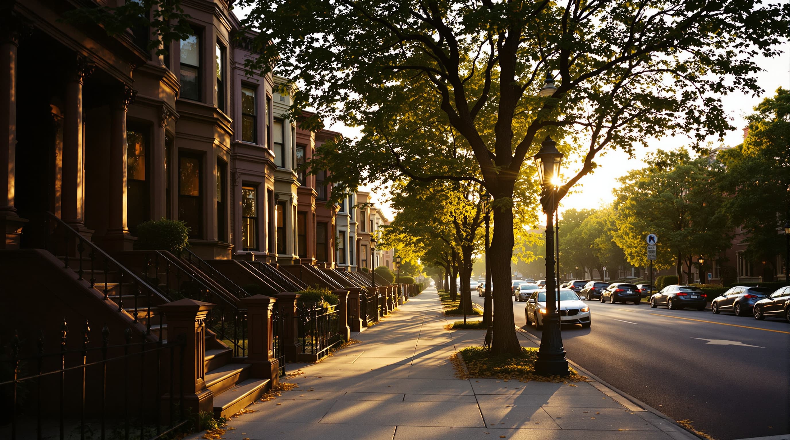 A tree-lined residential street of Brooklyn brownstones in late afternoon light.